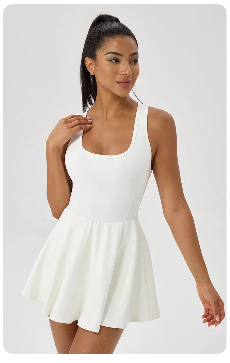 Women Summer Tennis Dress Breathable Quick-Dry Workout Dress Outdoor Sports Skirt Gym Yoga Short Dress Casual Athletic Skirt
