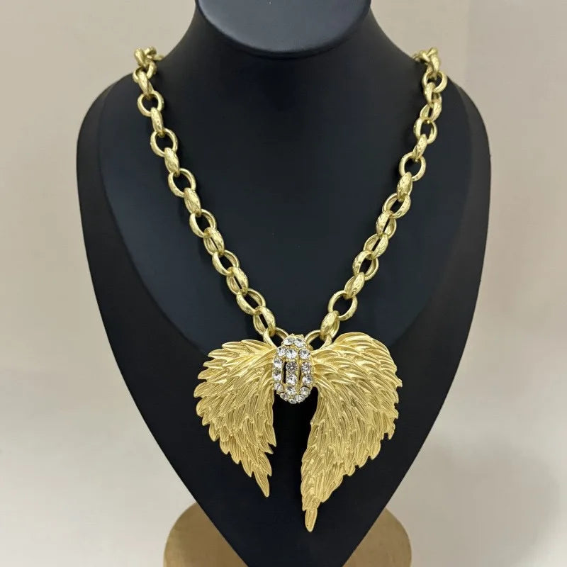 Luxury Gold Angel Wing Choker Necklace Vintage Crystal Inlaid Statement Collar for Women Wedding Evening Party