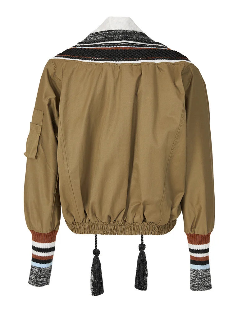 DEAT Fashion Women's Jacket Rivet Patchwork Tassel V-neck Long Sleeve Single Breasted Contrast Color Coat Spring 2025 New CP0361