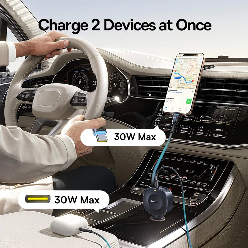 Baseus 30W Car Charger USB-C Type-C Retractable Fast Charging Car Phone Charger Adapter