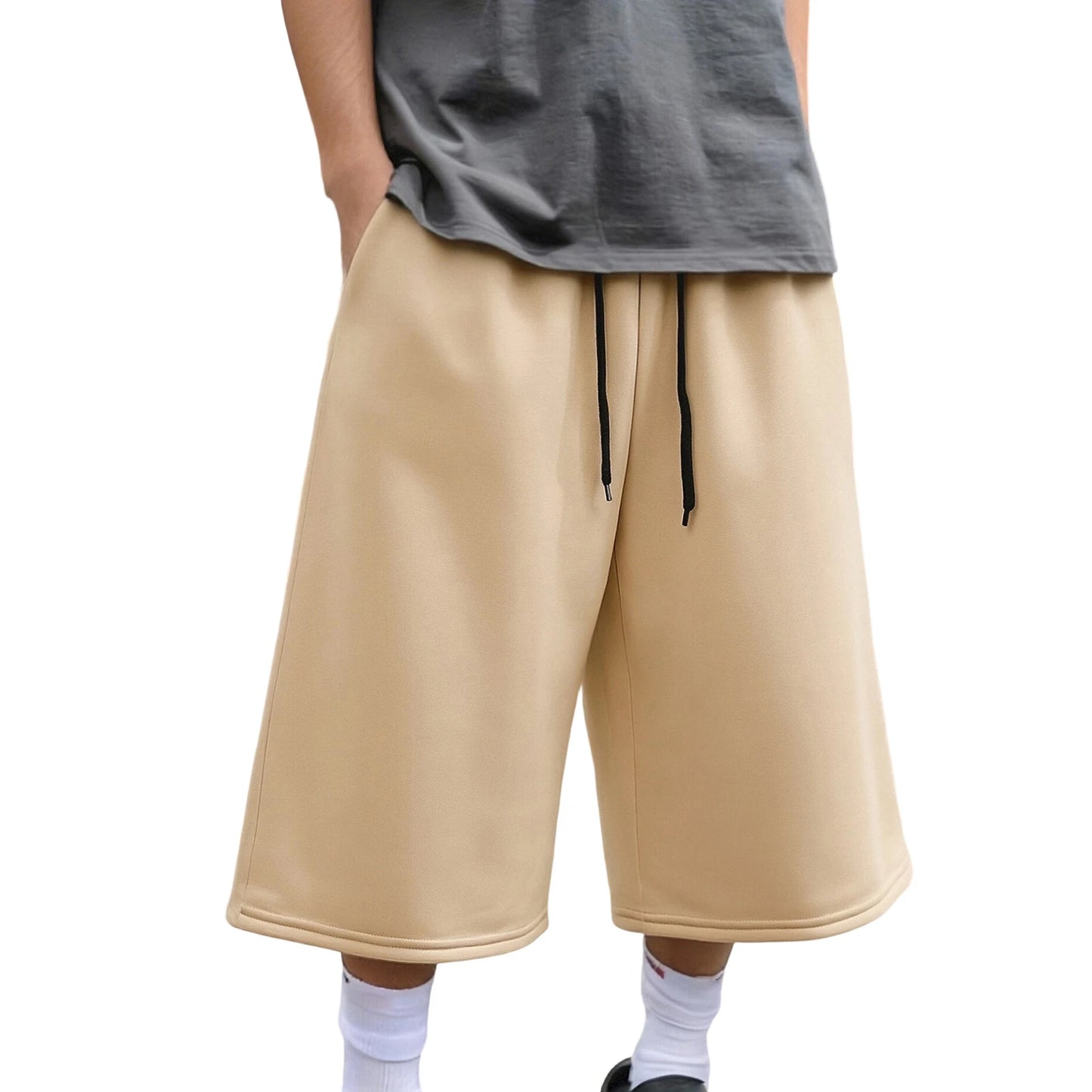 Men's Wide Leg Capri Pants Solid Color Casual 3/4 Length Drawstring Waist Sweatpants with Pockets for Sports, Gym