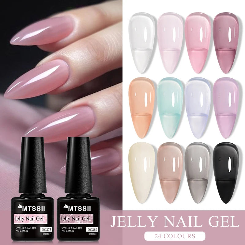 MTSSII 6Pcs/Set Jelly Gel Nail Polish Jelly Transparent Pink Green Black Blue UV Gel Nail Art Varnish Kit Spring Manicure Nails