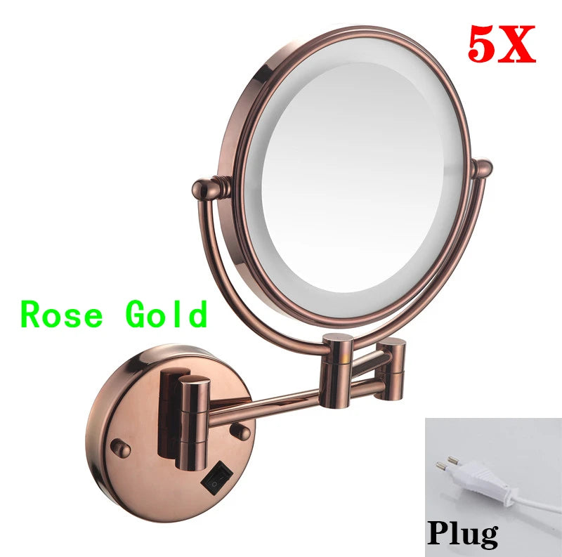 Brushed Gold LED Makeup Mirror with Brass Folding Bathroom Mirrors of 8 Inch 3X 5X Maynifying Makeup Mirror Dual Face LED Mirror