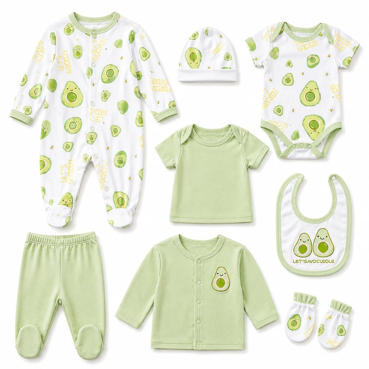 8Pcs Newborn Baby Clothes Set 100% Cotton Avocado Print Bodysuit Romper Cardigan Pants Bib Hat Mittens Infant Outfit 0-6M