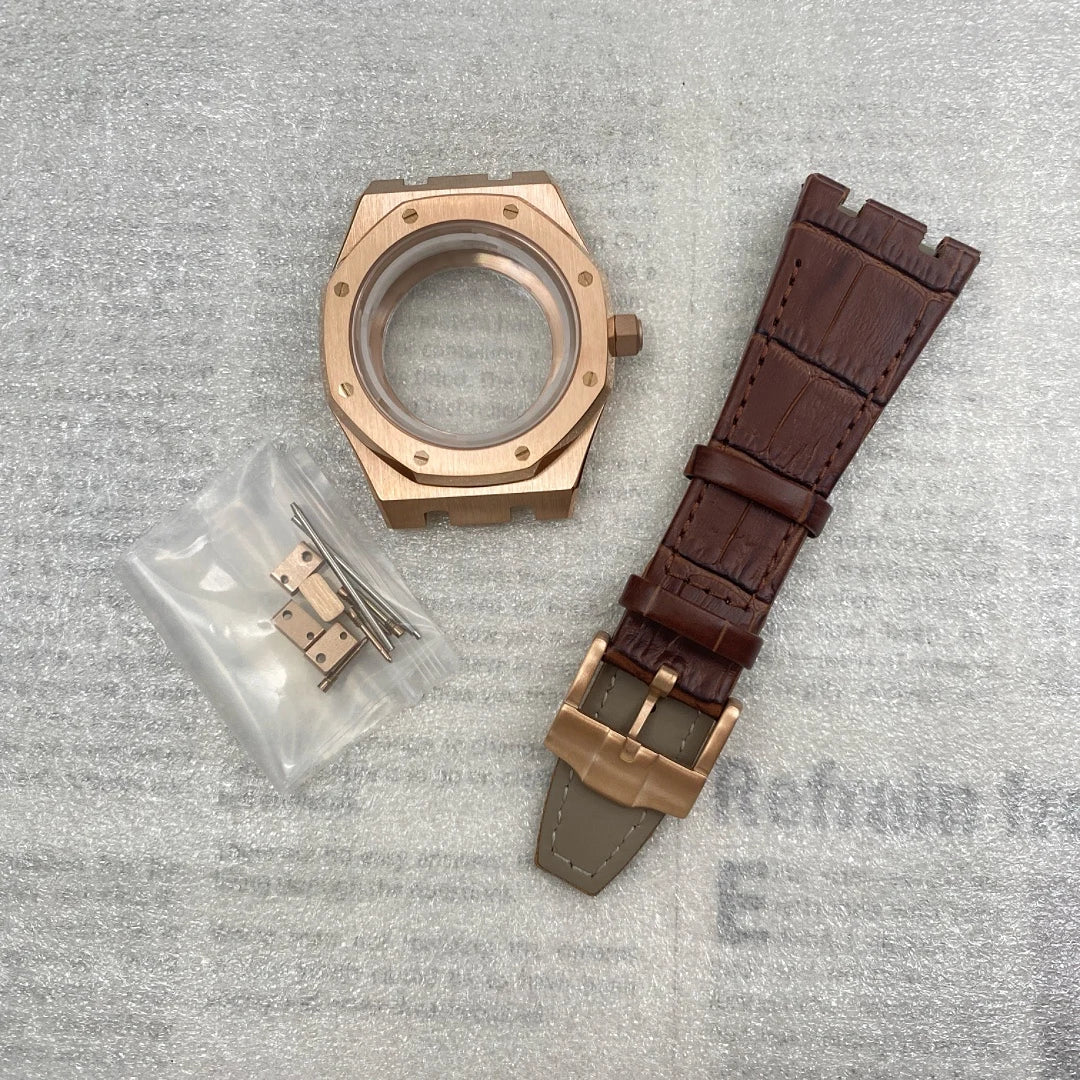 42mm Octagonal Watch Case Leather Bracelet Fit 31.8mm Waffle Dial Sapphire For NH35/36 Automatic Movement Pin Buckle Mod Parts