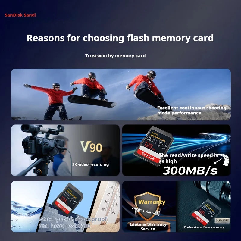 SanDisk 128GB SD Memory Card, V90 8K U3 C10, High-Speed Camera Memory Card, Read Speed 300MB/s, IP68, Cinema-Grade Shooting