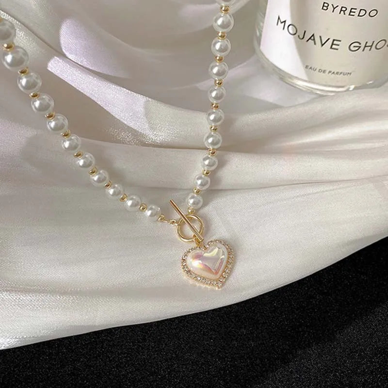 New Ins Heart Shape Pearl Necklace Women Vintage Korean Crystal Love Beads Pendant Choker Wedding Party Fashion Jewelry Gifts