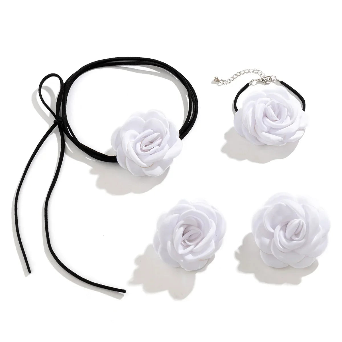 Women Adjustable Rope Choker Clavicle Chain Goth Y2K Romantic Rose Flower Necklace Bracelet Earrings Set