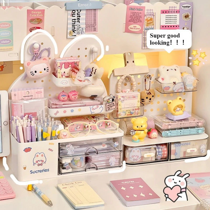 Desktop Hole Board Storage Box Desk Organizer Girls Cute Pen Holder Storage Stationary Rack Korean Kawaii Bunny Cosmetic Shelf