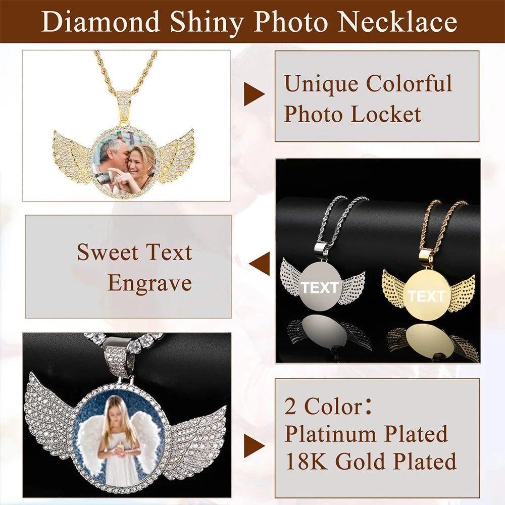 HHIOK Custom 18K Gold Plated Cubic Zircon Photo Pendant Medallions Wing Circle Pendant Necklace Personalized Wholesale