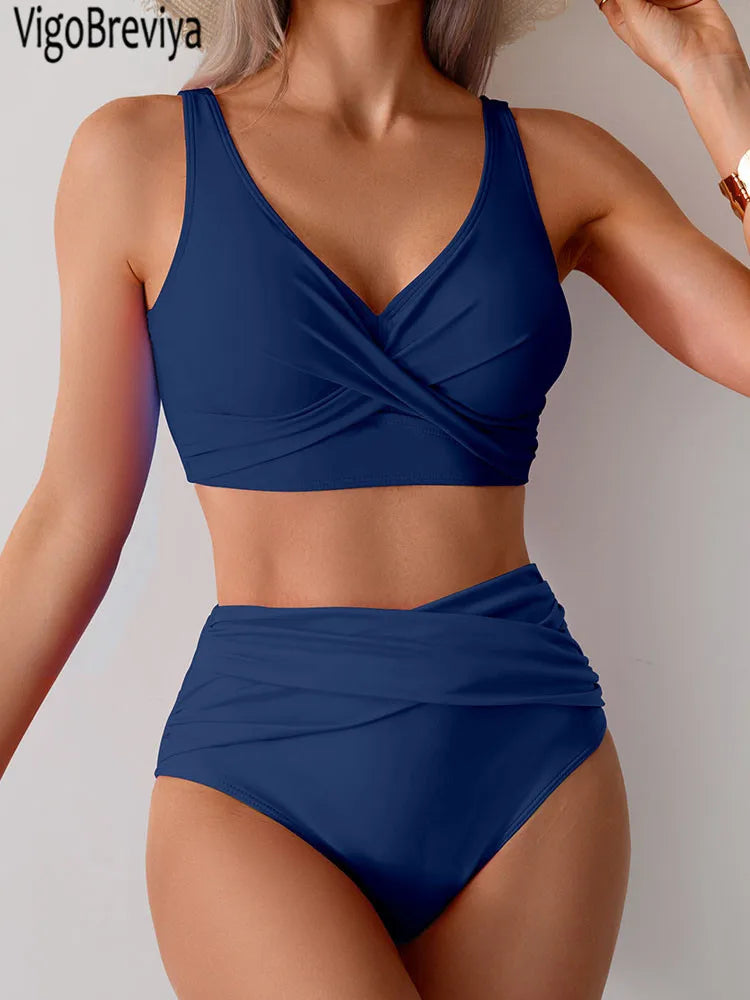 VigoBreviya 2026 Sexy Solid Strapped Swimwear Women Cross Push Up Bikini Set Brazilian Lady Swimsuit High Waist Beach Bath Suit