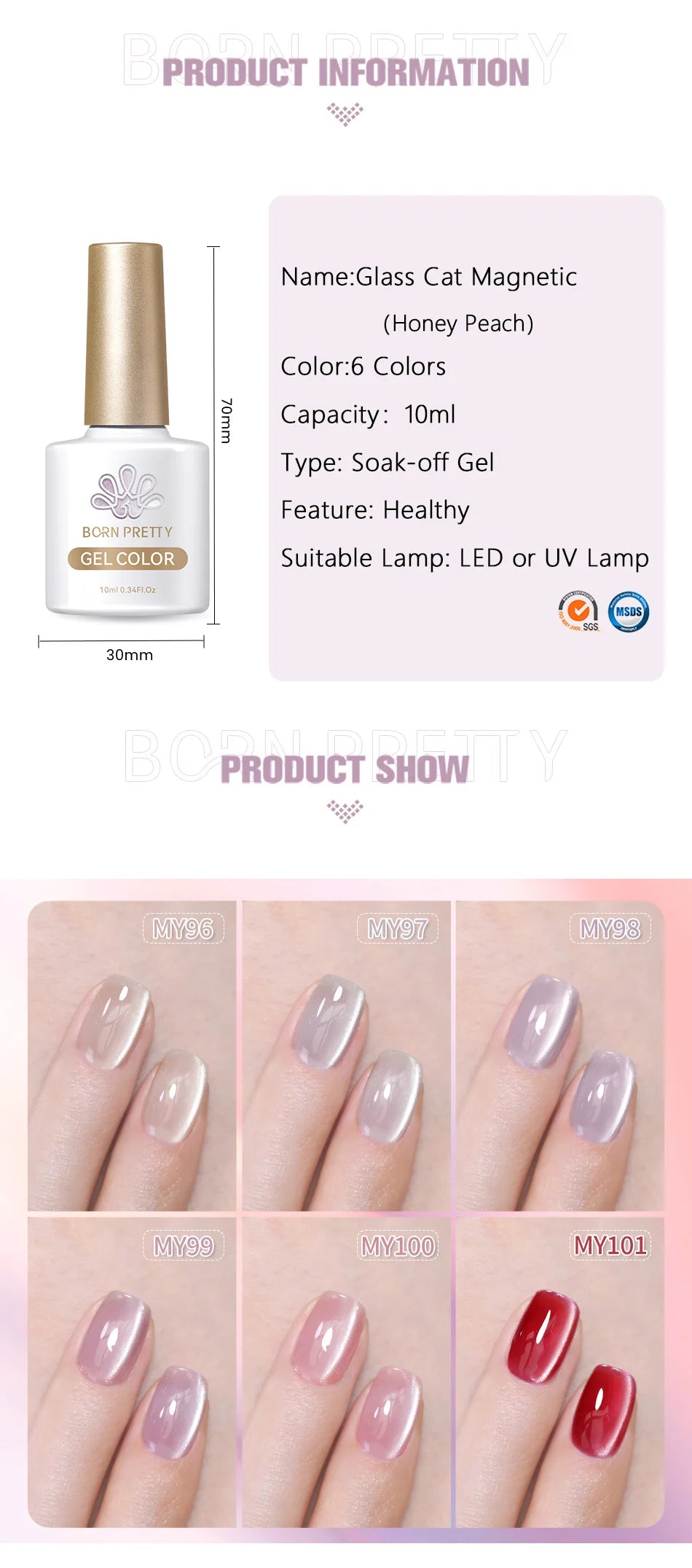 BORN PRETTY 6Pcs/Set 10ml Water Light Cat Magnetic Gel Nail Polish Aurora Spar Glitter Glass Soak Off UV LED Nail Varnish
