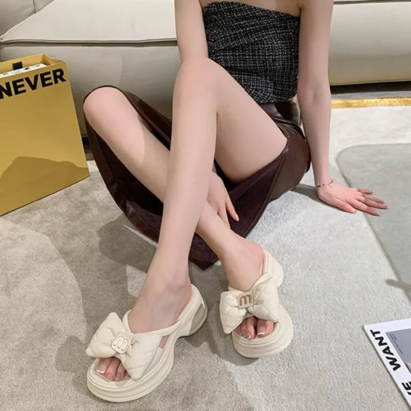 Summer Women's Slippers Designer Platform Slippers Fashion Bow One-Word Slipper 2025 New Casual Beach Slippers for Women Slides