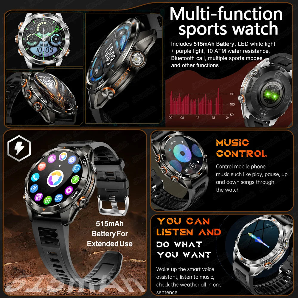 Military Smart Watch Men 10ATM Waterproof 1.46" AMOLED Screen LED Flashlight 515mAh Battery Heart Rate Sport BT Call Smartwatch