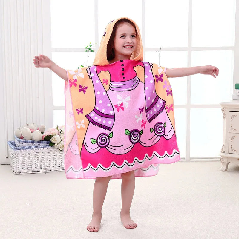 60-120cm Kids Hooded Bath Beach Poncho Towels Baby Quick Dry Bathrobe Child Cartoon Cloak Poncho Towels Microfiber Swim Cover-up