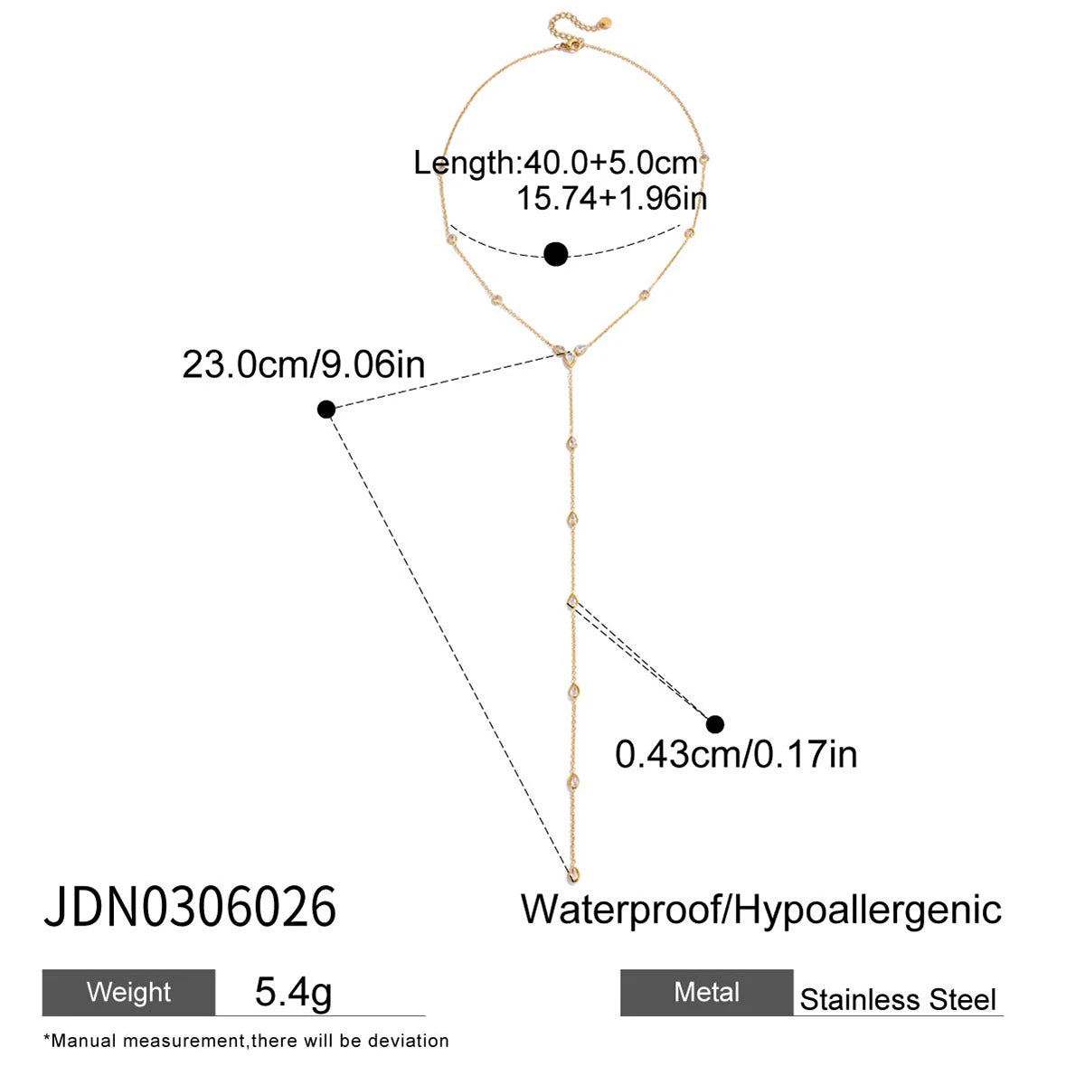Uworld Simple Classic 18K Gold Color Plated Stainless Steel Water Droplet Shaped White Zircon Y-shaped Chain Stackable Chain Nec