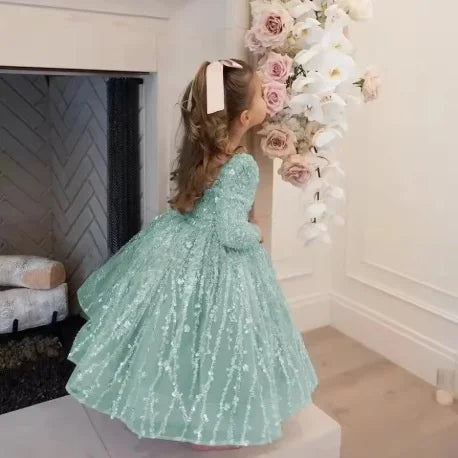 Custom Flower Girl Dress First Christmas Dress Wedding Party Gown Blush Pink Sequin Lace Long Sleeve Kids Evening Dress فسات