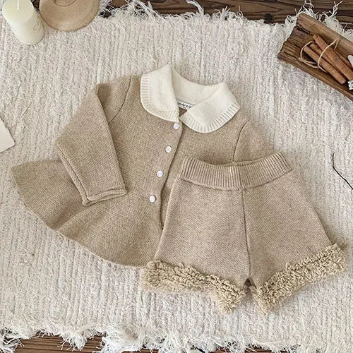 2024 New Autumn Winter Infant Baby Girls Clothing Set Long Sleeved Knitted Cardigan+Shorts Toddler Baby Knitted Clothes Suit