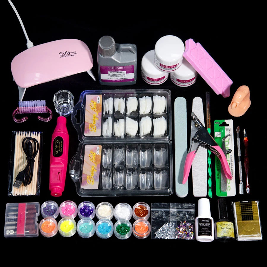 Nail Acrylic Powder Kit Professional Nail Art DIY Extended Mold Acrylic Gel Set Nail Glitter Powder 3D Nail Tips Carving Tools