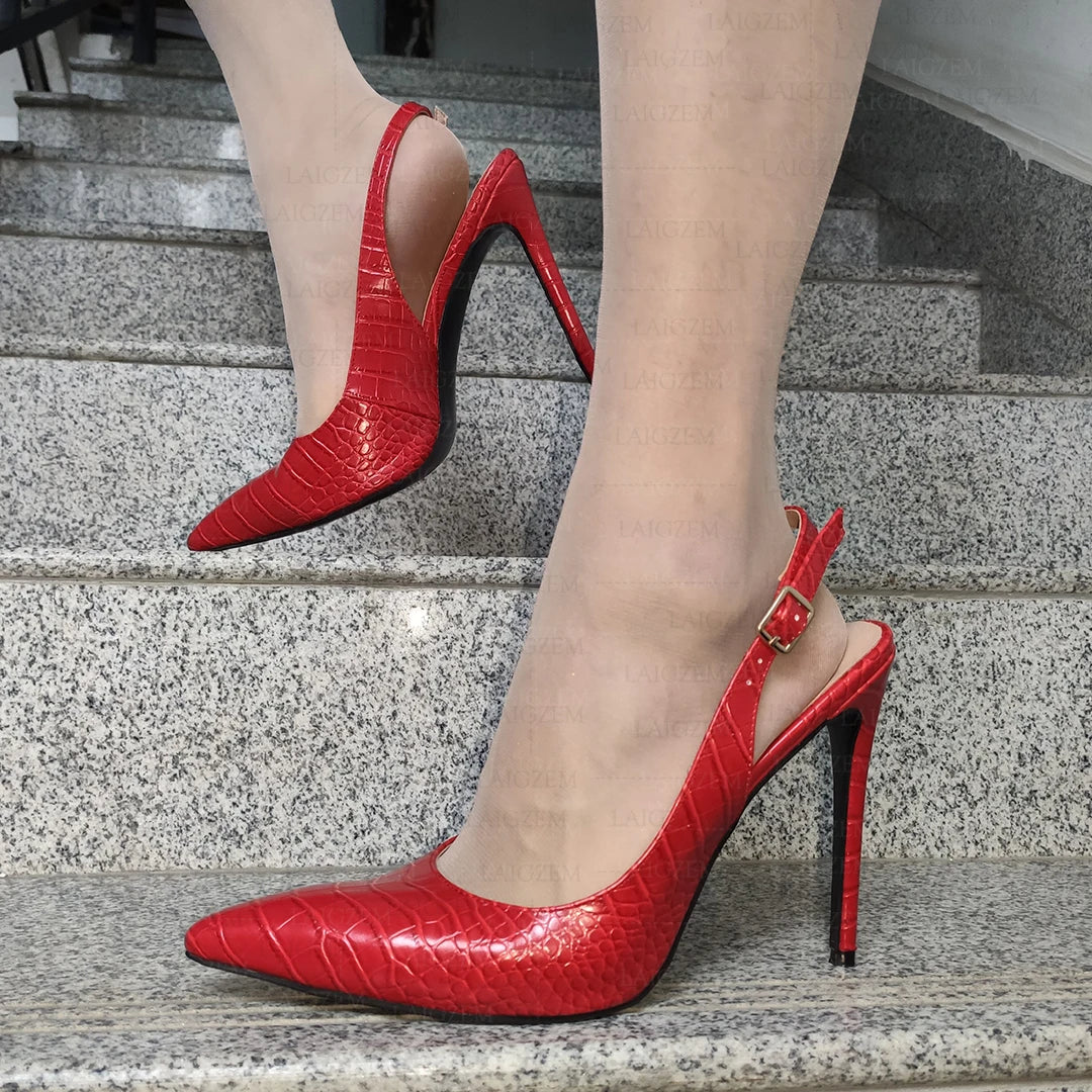 LAIGZEM Women Pumps Pointed Toe Buckle Strap Thin High Heels Sandals Crocodile Print Party Prom Shoes Woman Large Size 41 45 47