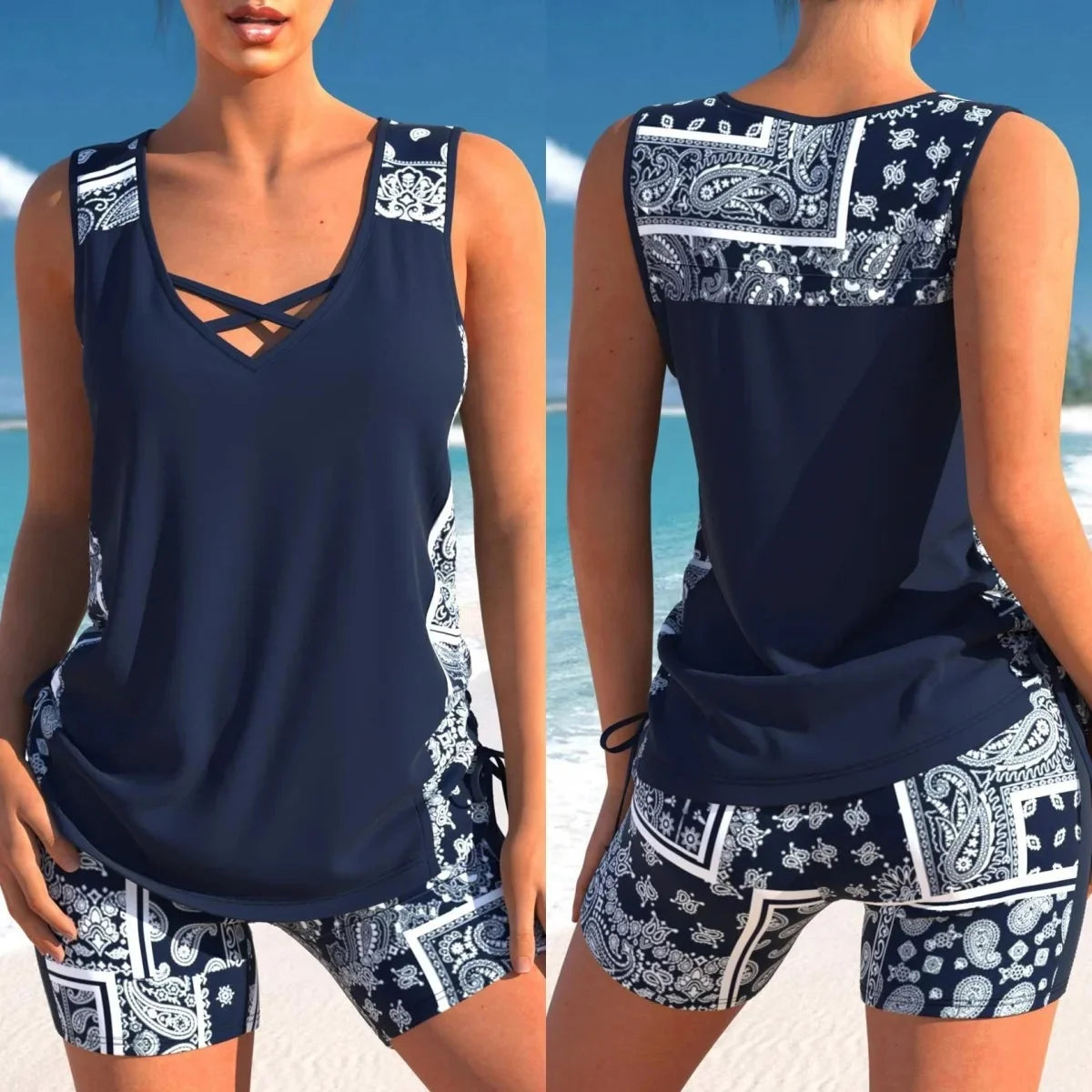 New Large Size Quick Dry Women's Shorts Strap Conservative Separate Bikini Swimsuit Flat Angle Vest Two Piece Swimwear Set
