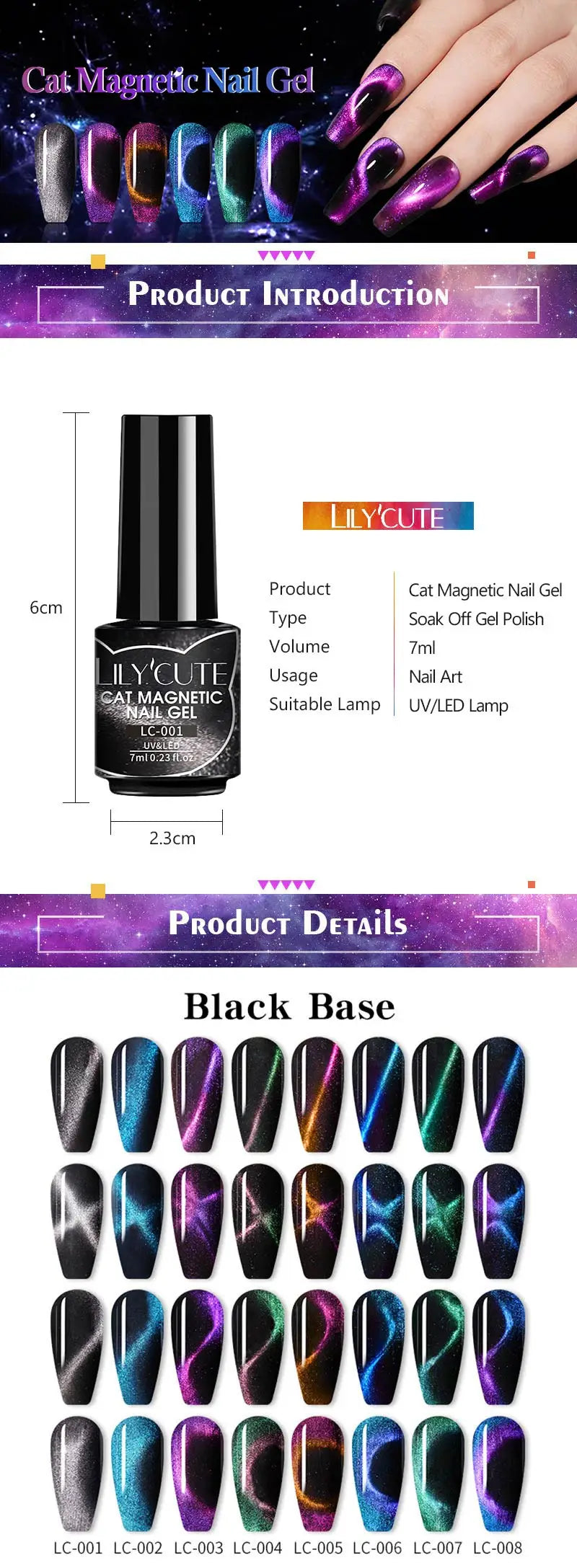 LILYCUTE 7Pcs/Set Cat Magnetic Gel Nail Polish Sparking Semi-Transparent Blue Purple Effect Soak Off UV Gel Varnish Nail Art Kit
