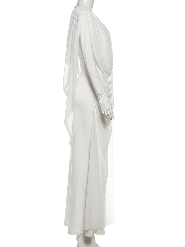 Sisterlinda Shawl Patchwork Dress Women Swing Bandage Ruched New Style Sexy Evening Prom Party Stretch Slim Elegant Maxi Bodycon