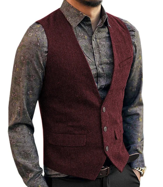 Deep V-Neck Suit Vests  Classical Formal  Business Herringbone  Wood Waistcoat Slim Fit Men's Vest For Wedding