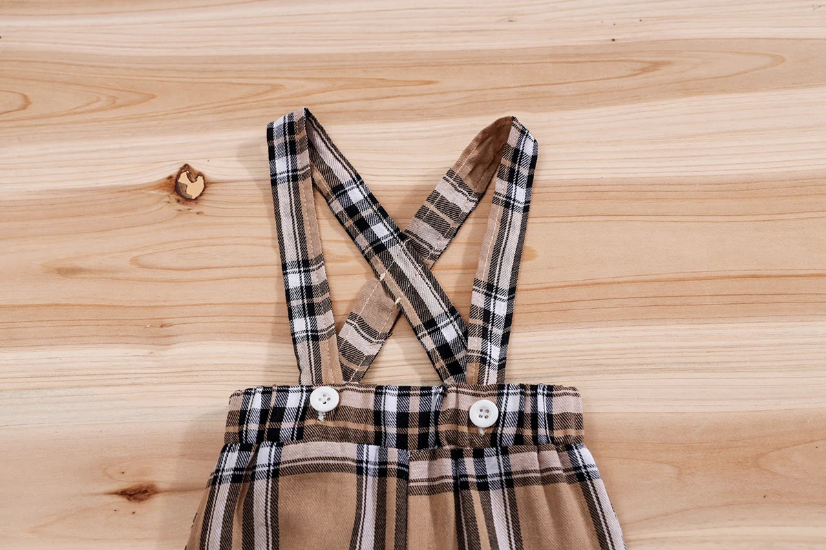 2PCS IURNXB Baby Clothes Sets Short Sleeve Boys Infant Plaid Bear Bodysuit+Suspenders Trousers Set Overall Newborn Outfits 1-18M