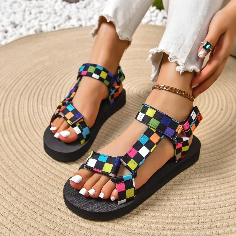 Ladies Shoes 2025 Fashion Open Toe Women's Sandals New Color Matching Casual Summer Plus Size Non-Slip Comfortable Flat Sandals