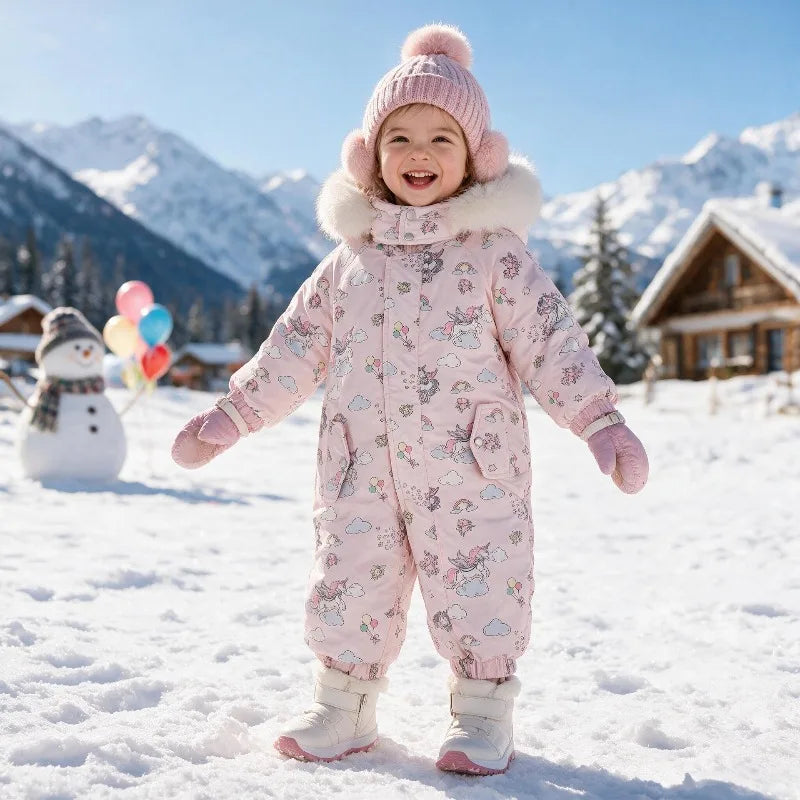 Bellbell Winter 2-6Yrs Girls Snowwear Jumpsuit Faux Fur Hooded Floral Print Kids Baby Girl Romper Thicken Warm Toddler Bodysuit
