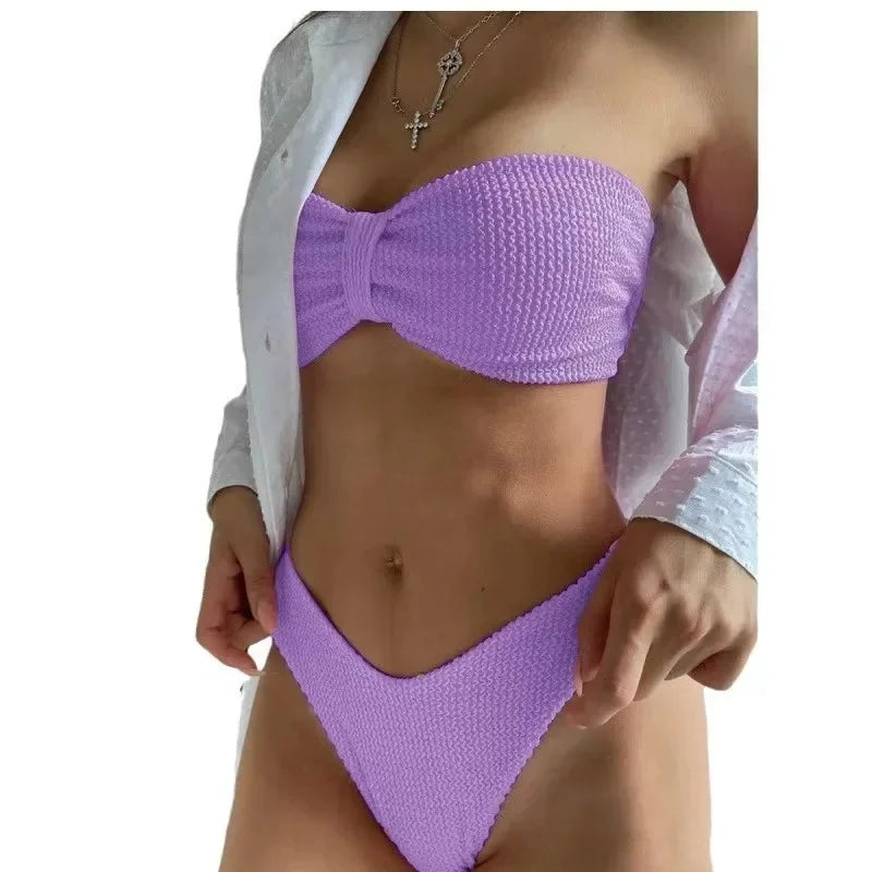 Pure Color Bikini Swimsuit Two-Piece Strapless Crossbody Women's Swimwear Trendy Beachwear Cross-Border Popular