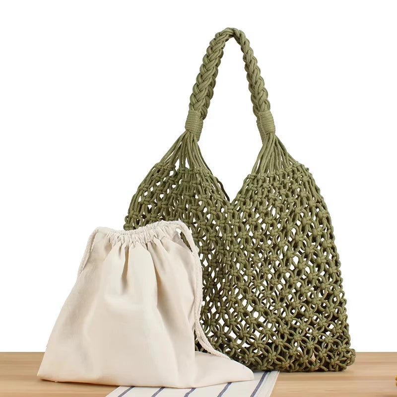 Fashion Crochet Bags for Women Summer Beach Tote Bag Raffia Aesthetic Totes Straw Handbag Bohemian Boho Woven Knit Shoulder Bag