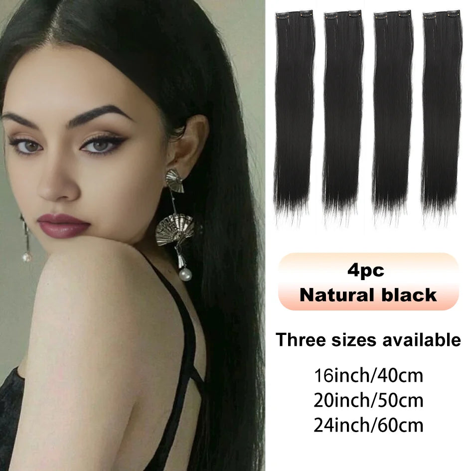 4pc synthetic women's 16inch/20inch/24inch four piece straight hair extensions, black/brown wig, suitable for daily wear