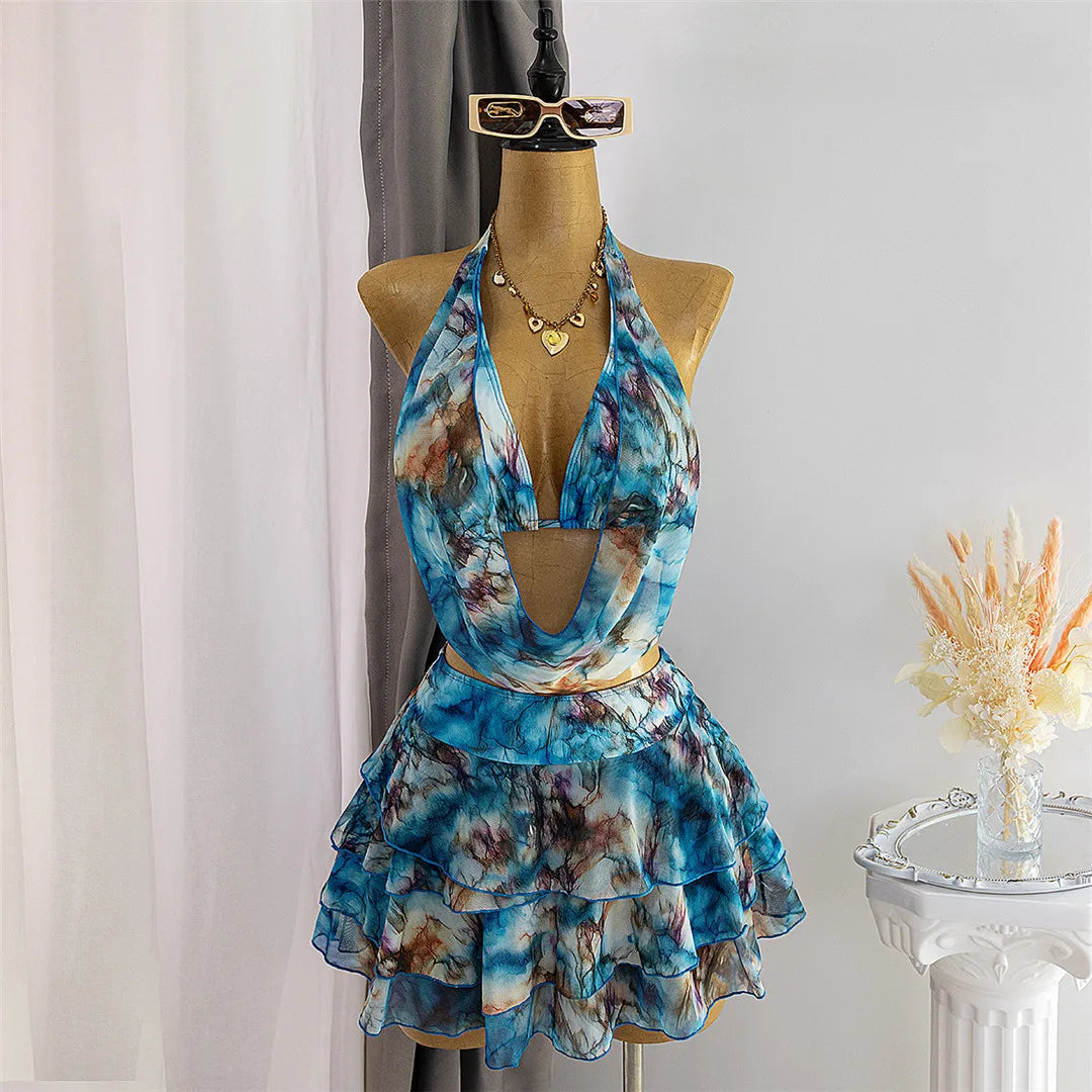 S - XL With Skirt Printed Halter Bikini Female Swimsuit Women Swimwear Three-Pieces Bikini Set Bather Bathing Suit Swim V8184
