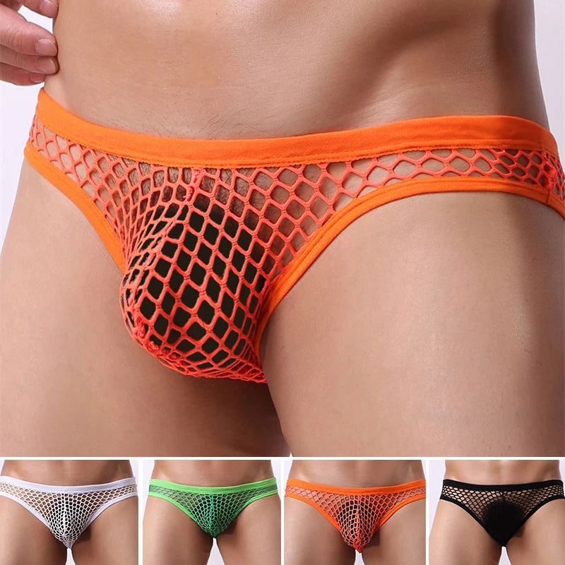 Sexy Mesh Men Underwear Jockstrap Men Briefs Breathable Fishnet Big Pouch Panties Hollow Brief Cueca hombre Male Underpants