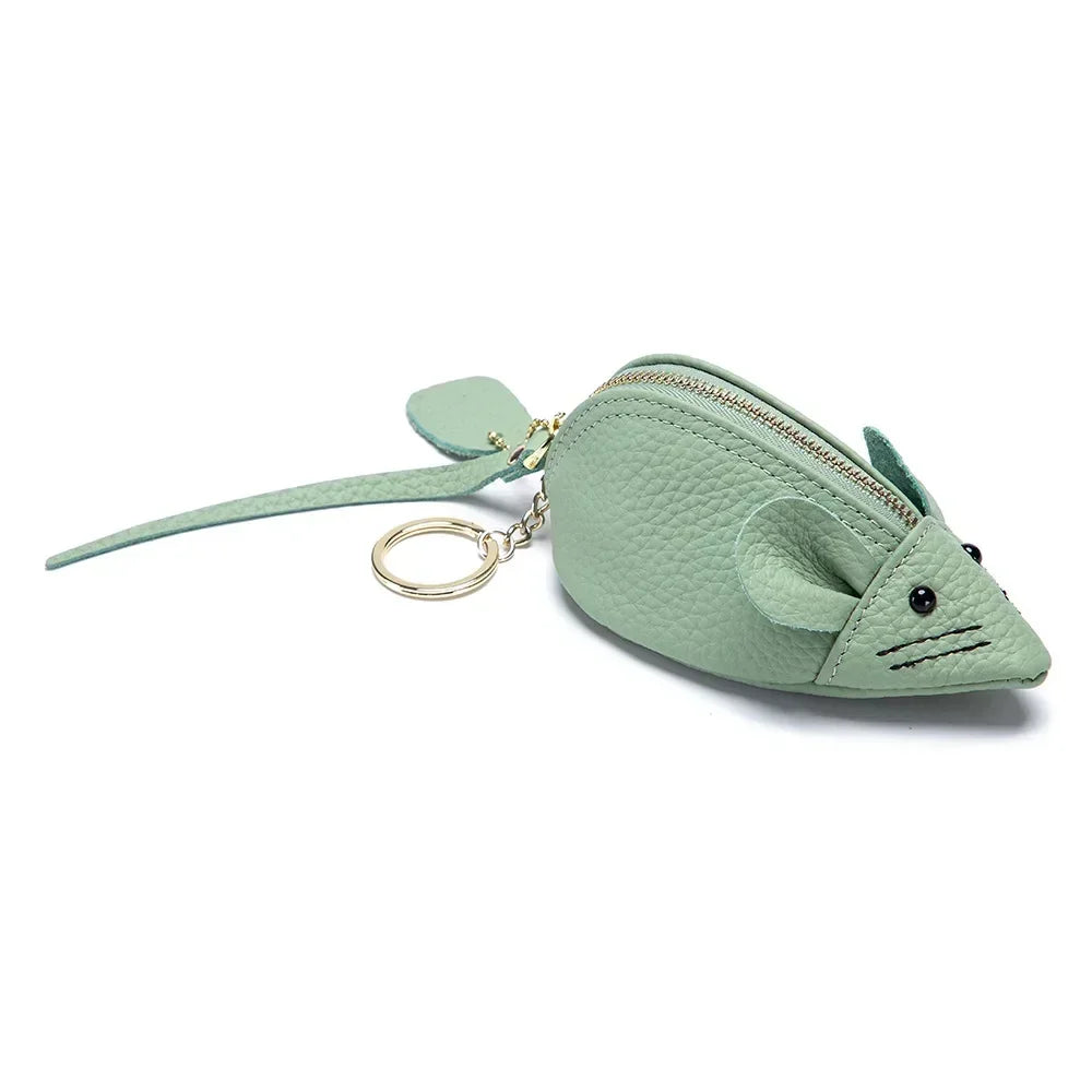 Women's Leather Mini Coin Pouch - Cute Mouse Keyring Lipstick Clutch Bag with Pendant Charm for Gift Essentials