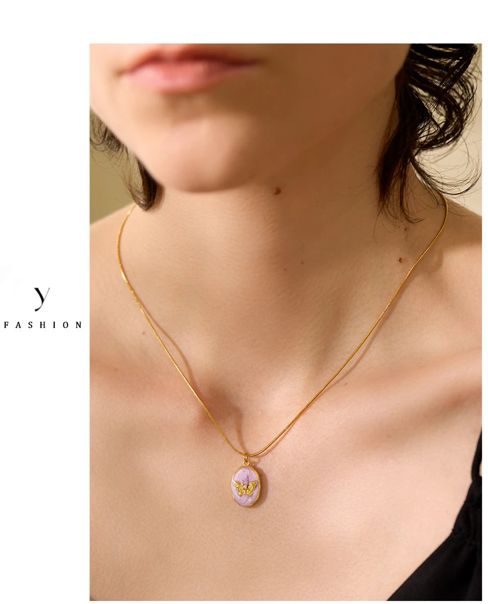 Yhpup Pink Enamel Butterfly Gilding Geometric Pendant Stainless Steel Collar Fashion Necklace for Women Korean Chic Jewelry Gift
