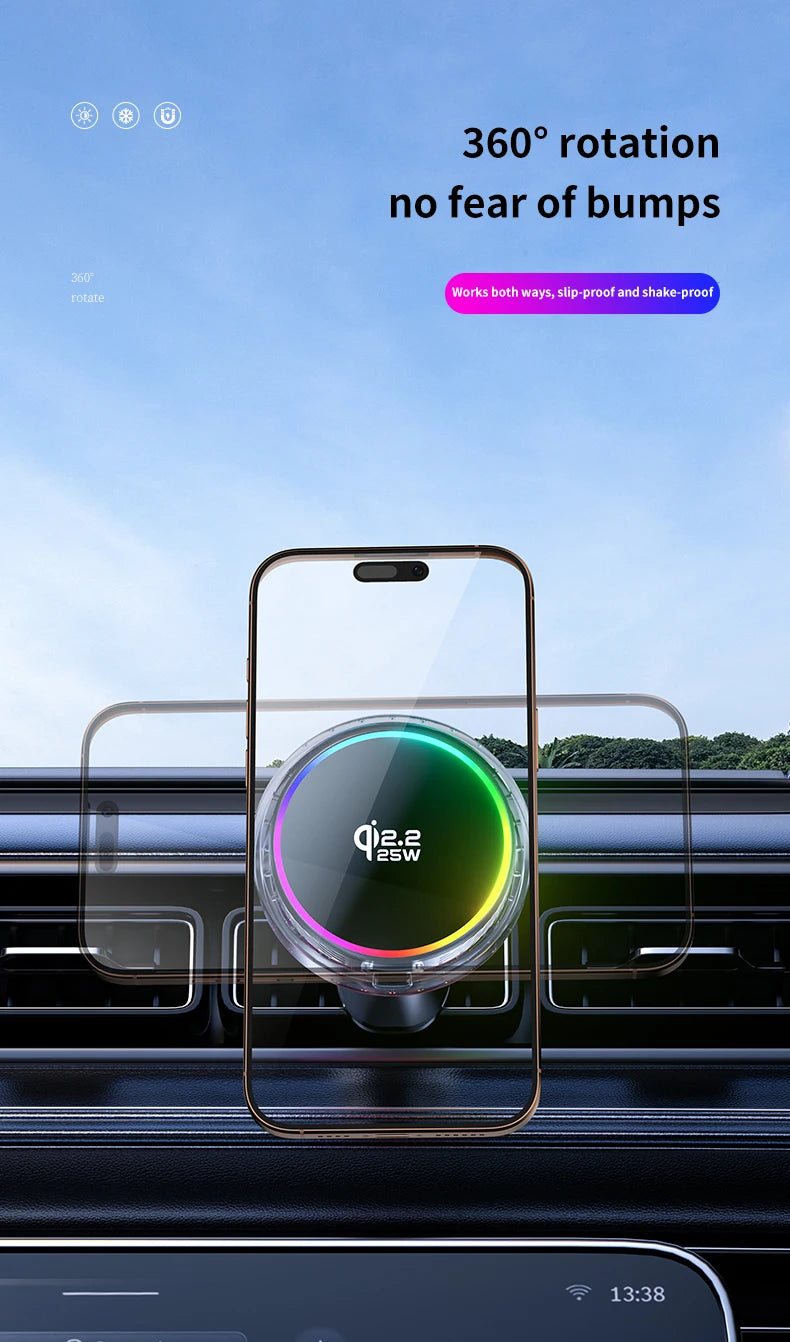 25W Air Cooling qi2.2 Car Magnetic Wireless Charger RGB Light  Phone Holder For Magsafe iPhone 17 16 15 14 13 12 Fast Charging