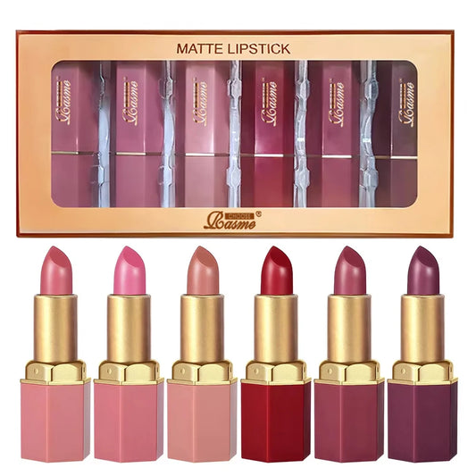 6 Colors Gold Bar Tube Lipstick Matte Texture Pearlescent Glitter Velvet Lipstick Valentine's Day Gift 6PCS