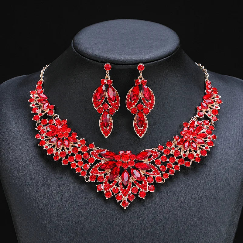 Advanced design retro necklace earring set leaf Multicolored flowers luxurious crystal jewelry bride's wedding dress accessories