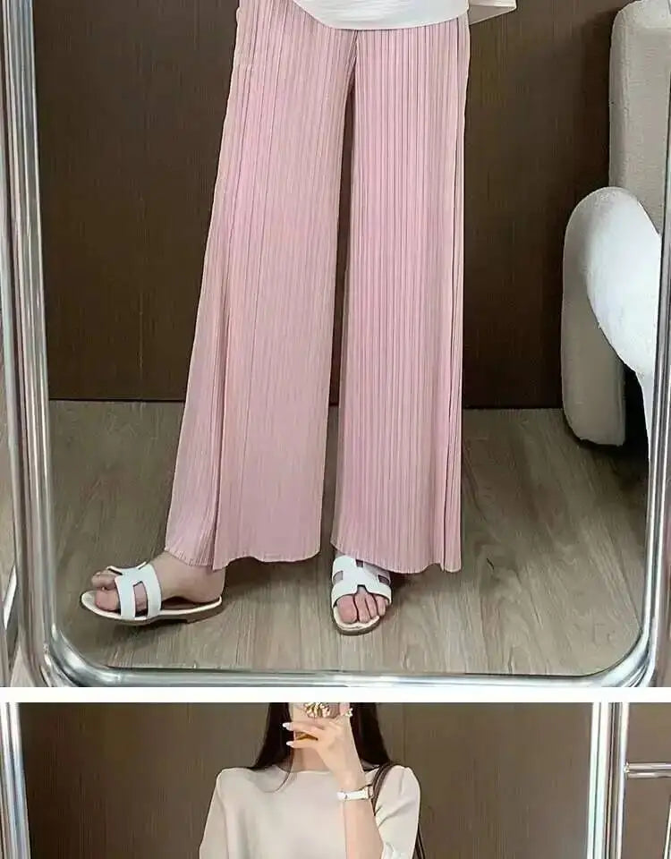 LANMREM patchwork design women's Pleated trousers elastic High Waisted Draped Straight Wide Leg Pants 2025 chic new 2DB3871