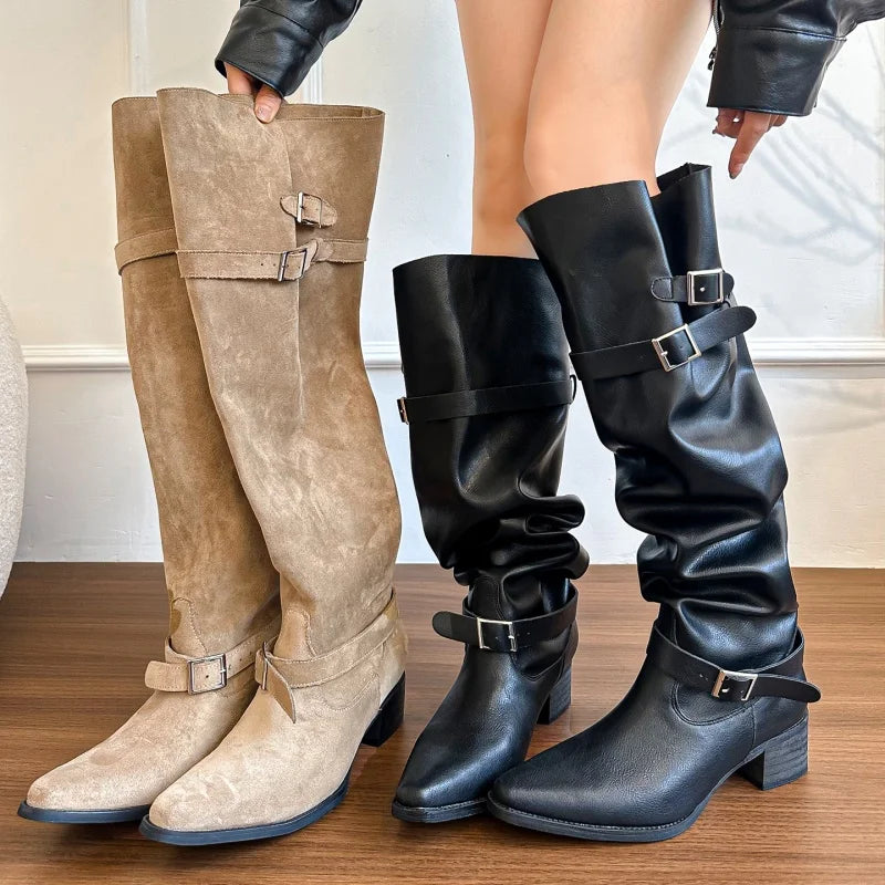 Women's Chelsea Boots 2025 Autumn New Suede High Heel Knee-high Boots Sexy Pointed Designer Elegant Banquet Ladies Gothic Boots