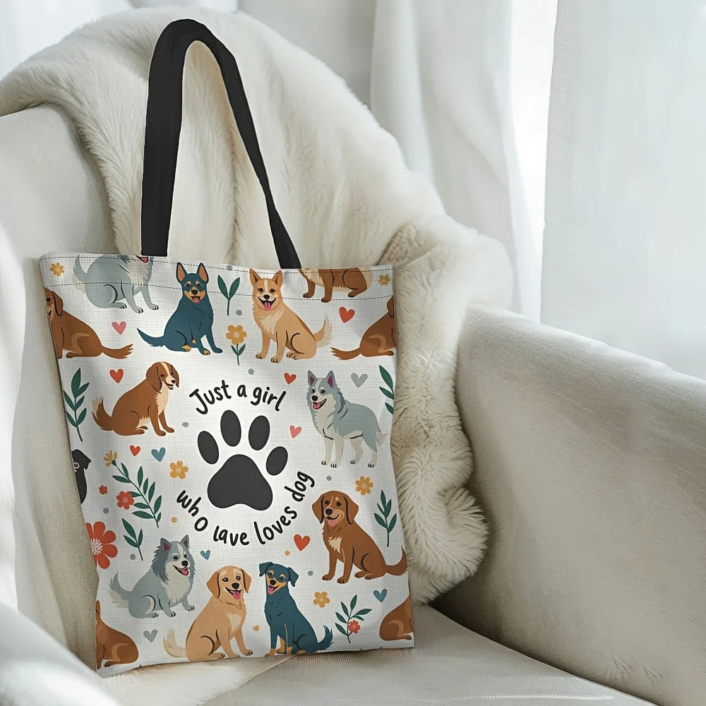1pc Stylish Dog Mom Tote Bag -"Just A Girl Who Loves Dogs" Print with Cute Dog Illustrations