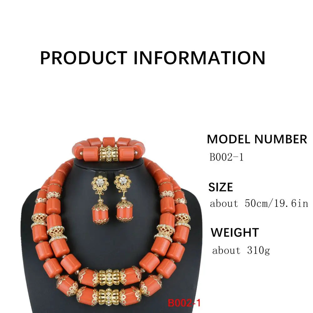 High Quality 2 Layers Artificial Coral Bead African Wedding Jewelry Set Women Necklace Nigeria Bride Party Gift