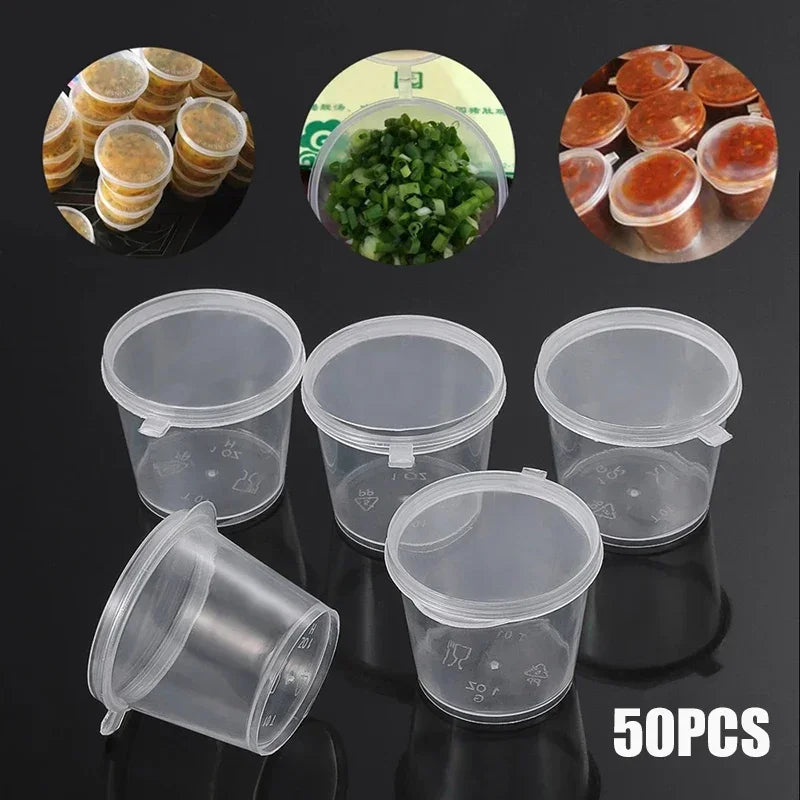 50pcs Disposable Sauce Containers Package Box&Lid Clear Portable Plastic Takeaway Sauce Cup Containers Food Box With Hinged Lids