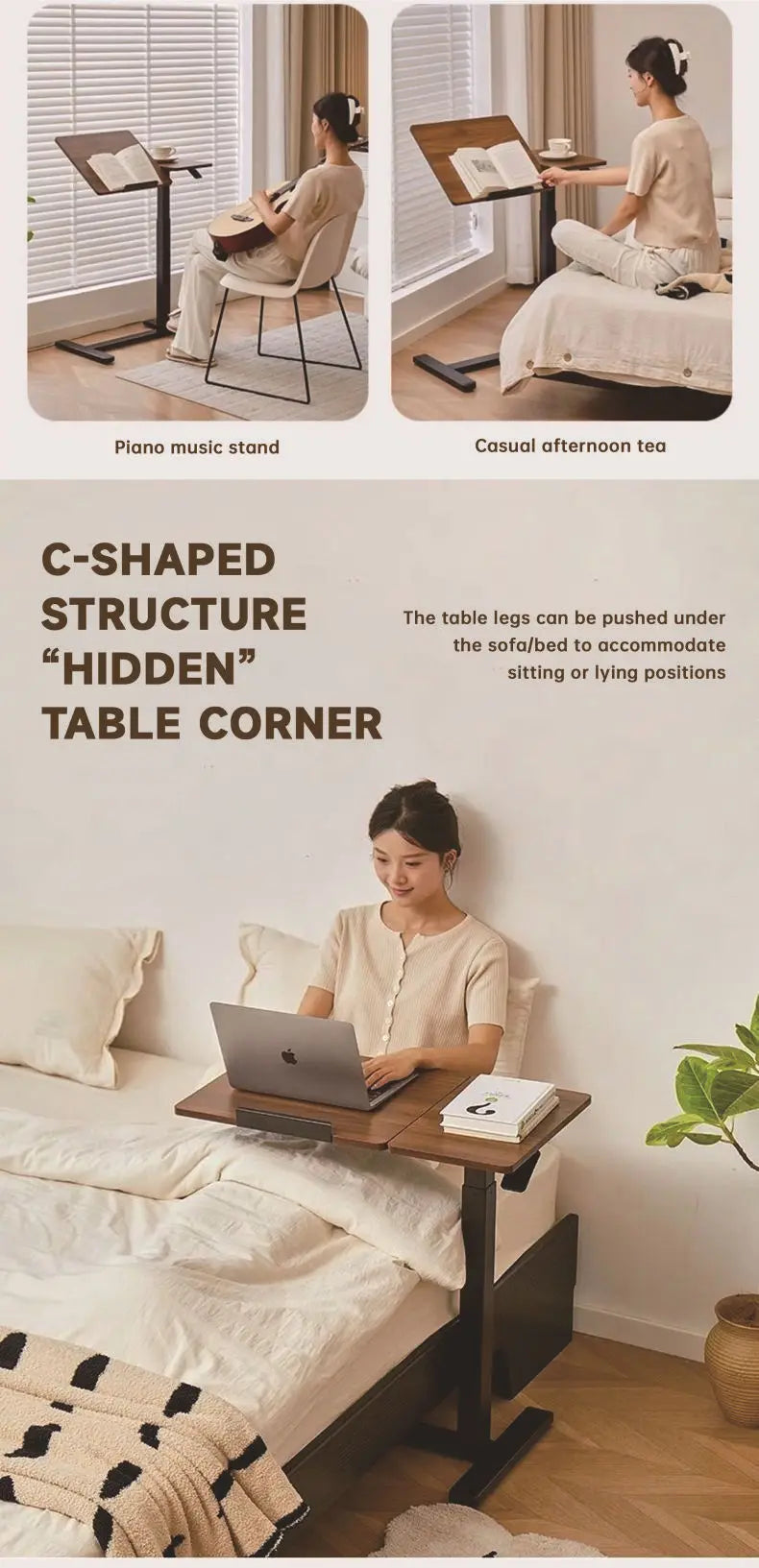 Pneumatic lift table, movable bedside small square table, height-adjustable table, multi-functional table