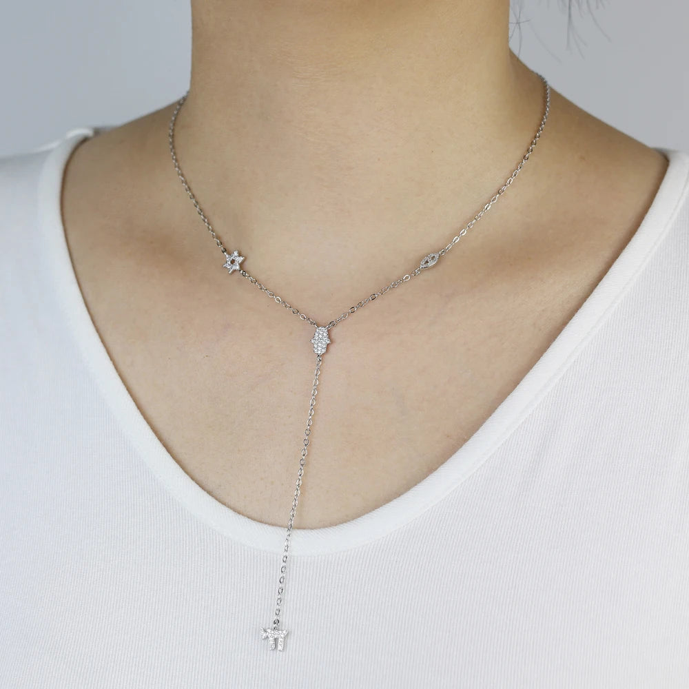 Lucky Cute CZ Star Eye Hand Chai Charm Lariat Y Necklace Amulet Judaism Sign of Life Gold Color Women Jewelry