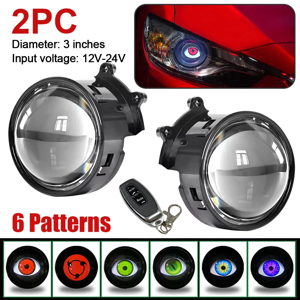 1Pair Car Dynamic Devil Eyes Lens Lights 12-36V Demon 3inch Red Eye ABS Waterpoof Headlight Assembly Auto Retrofit Accessories