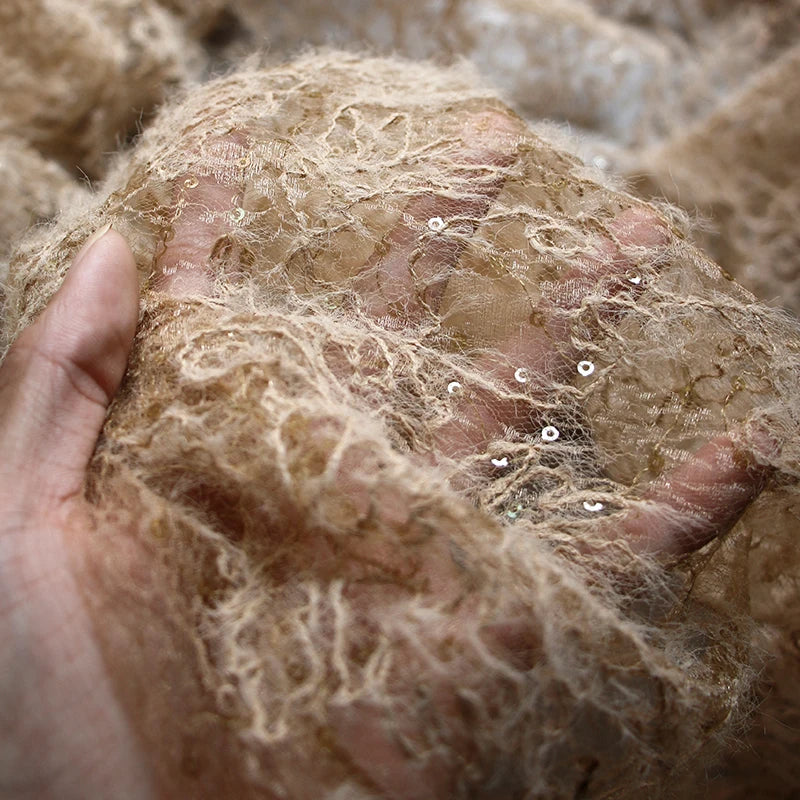 Vintage Brown Sheer Mesh Jacquard Fabric with Fringe Sequins Textured Hanfu Dress Coat Material Designer Clothing Luxury Fashion